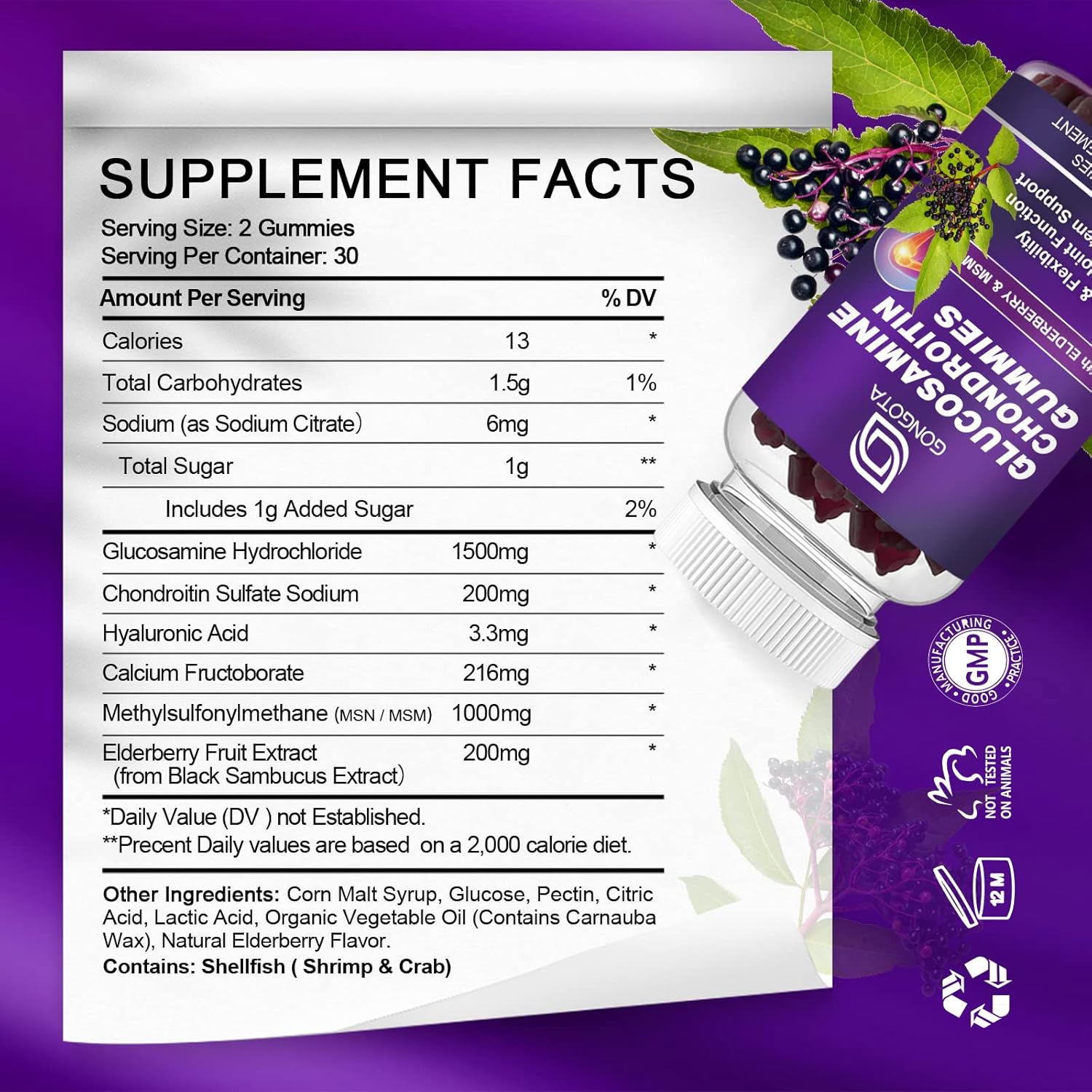 GONGOTA Glucosamine Chondroitin Gummies - 2-Pack, Extra Strength Joint Support Supplement with MSM, Elderberry, Best Cartilage & Immune Support for Men and Women - 120 Count