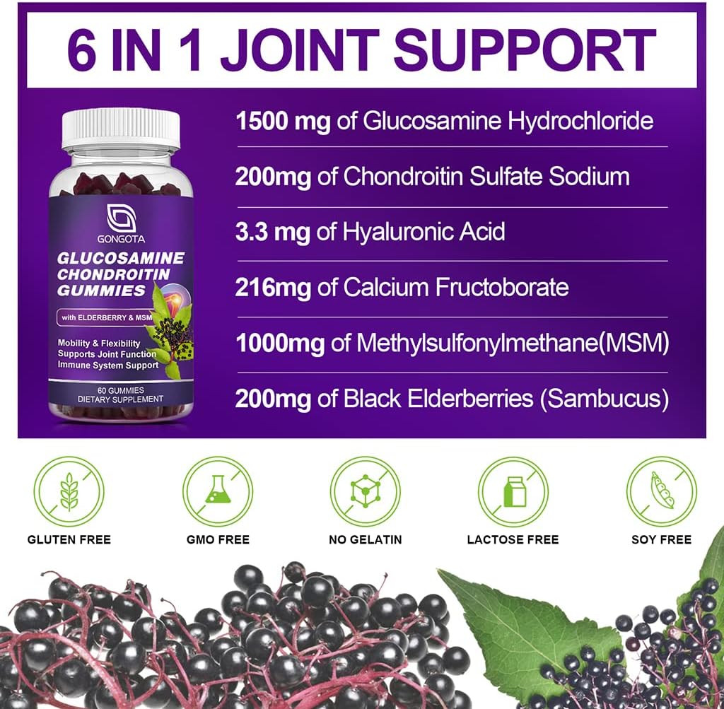 GONGOTA Glucosamine Chondroitin Gummies - 2-Pack, Extra Strength Joint Support Supplement with MSM, Elderberry, Best Cartilage & Immune Support for Men and Women - 120 Count