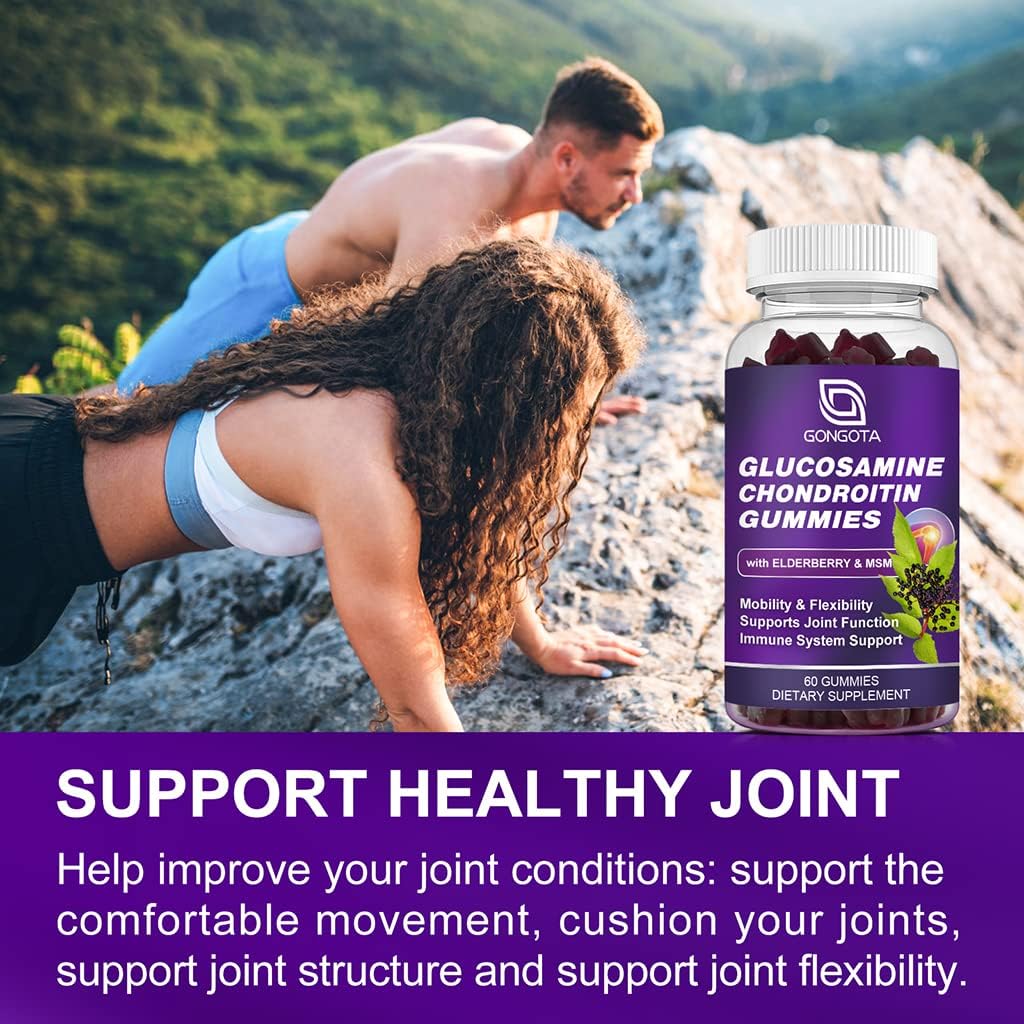 GONGOTA Glucosamine Chondroitin Gummies - 2-Pack, Extra Strength Joint Support Supplement with MSM, Elderberry, Best Cartilage & Immune Support for Men and Women - 120 Count