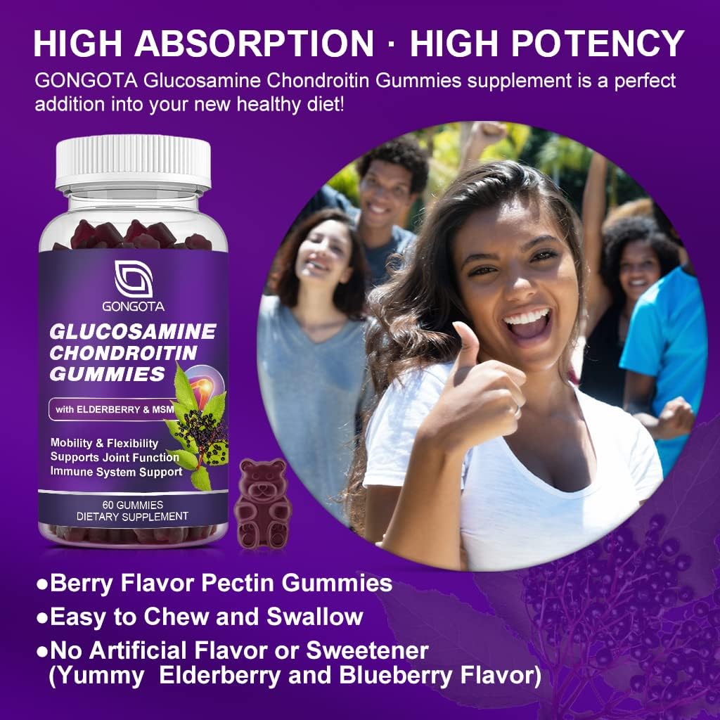 GONGOTA Glucosamine Chondroitin Gummies - 2-Pack, Extra Strength Joint Support Supplement with MSM, Elderberry, Best Cartilage & Immune Support for Men and Women - 120 Count