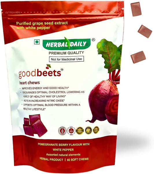 GoodBeets Soft Chews with Grape Seed Extract & Non-GMO Beet Powder for Circulation & Energy - Pomegranate Berry Flavor, 60 Count