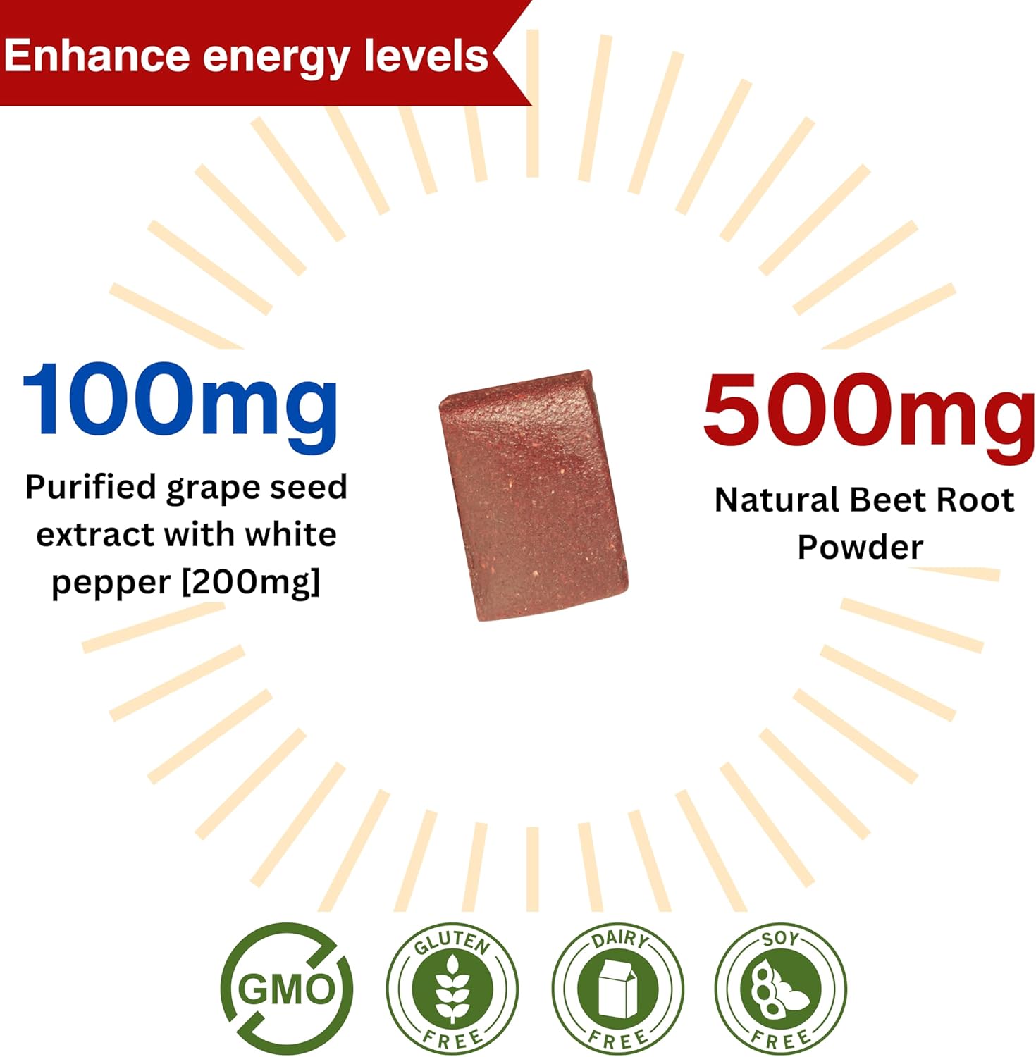 GoodBeets Soft Chews with Grape Seed Extract & Non-GMO Beet Powder for Circulation & Energy - Pomegranate Berry Flavor, 60 Count