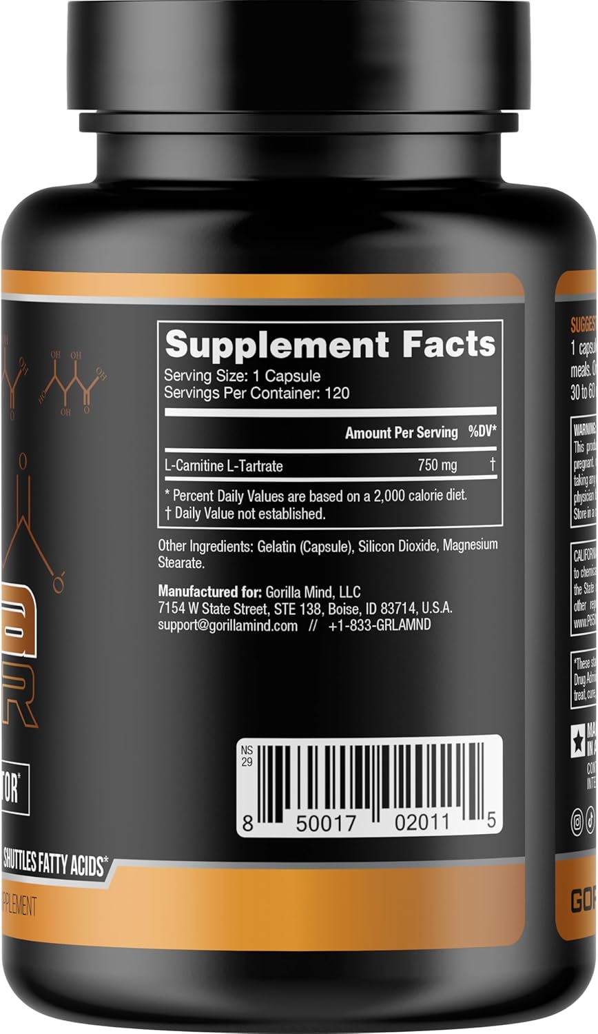 Gorilla Mind AR Carnitine Capsules - Boost Cellular Energy & Androgen Receptor Density - 750mg (120 Capsules)