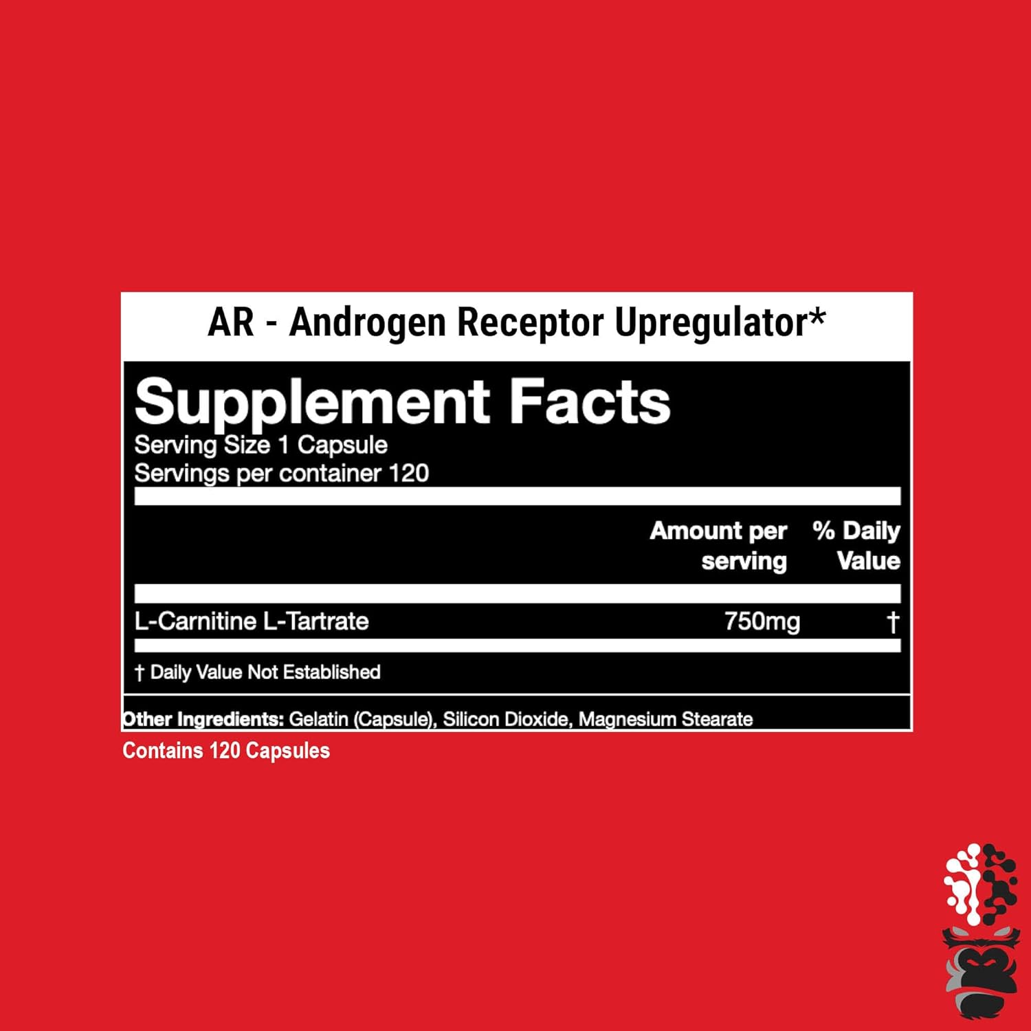 Gorilla Mind AR Carnitine Capsules - Boost Cellular Energy & Androgen Receptor Density - 750mg (120 Capsules)