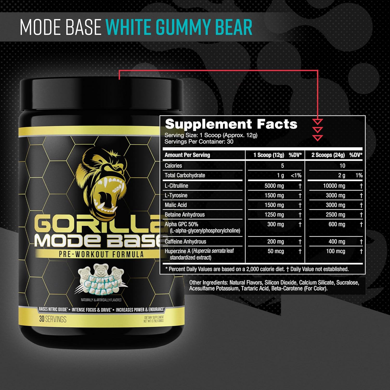 Gorilla Mind Base Pre Workout Powder - Boosts Nitric Oxide, Focus, and Endurance - L-Citrulline, L-Tyrosine, Betaine, Alpha-GPC, Caffeine, Huperzine A - 360g (White Gummy Bear)