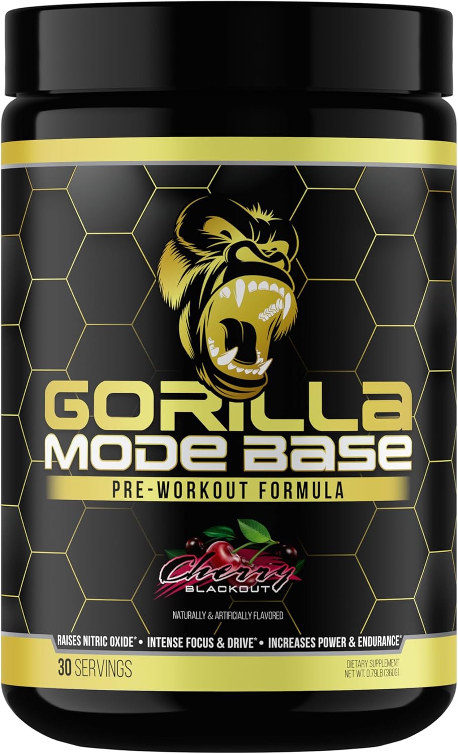 Gorilla Mind Base Pre Workout Supplement - Boosts Nitric Oxide for Focus, Endurance, and Power - Includes L-Citrulline, L-Tyrosine, Betaine, Alpha-GPC, Caffeine, Huperzine A - 360g (Cherry Blackout)
