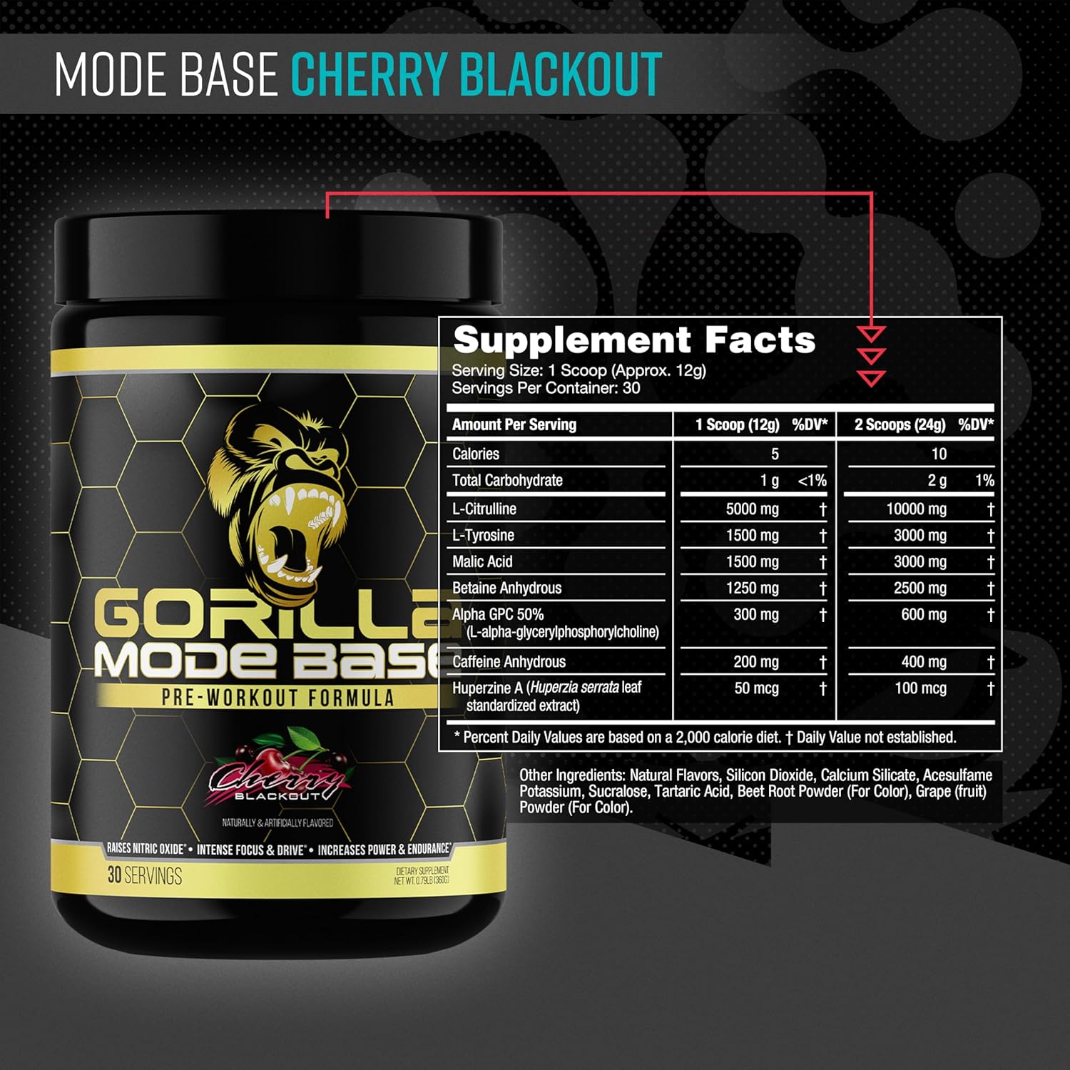 Gorilla Mind Base Pre Workout Supplement - Boosts Nitric Oxide for Focus, Endurance, and Power - Includes L-Citrulline, L-Tyrosine, Betaine, Alpha-GPC, Caffeine, Huperzine A - 360g (Cherry Blackout)