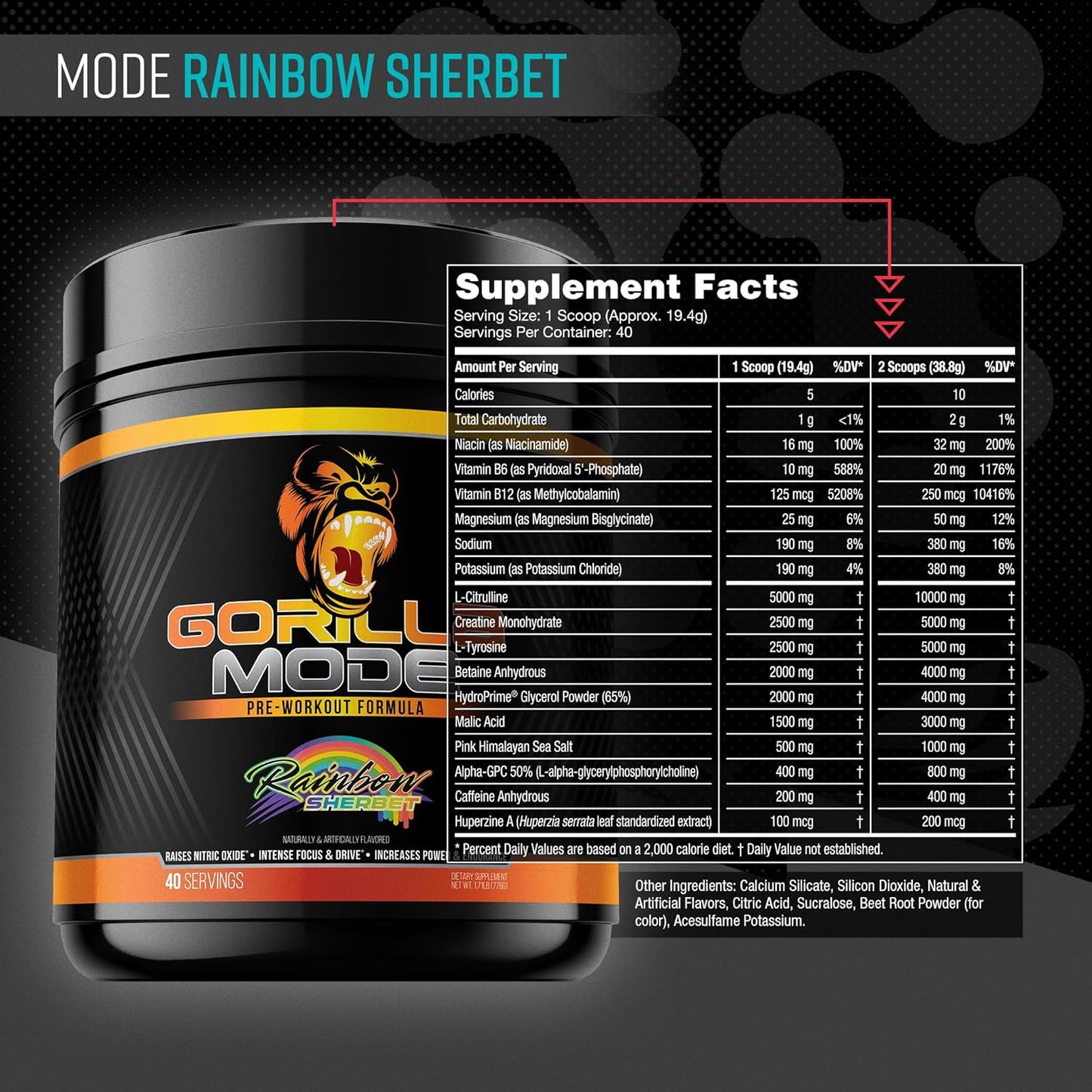 Gorilla Mind Gorilla Mode Pre Workout - Enhanced Energy, Focus, and Power Formula - Rainbow Sherbet Flavor - 776g