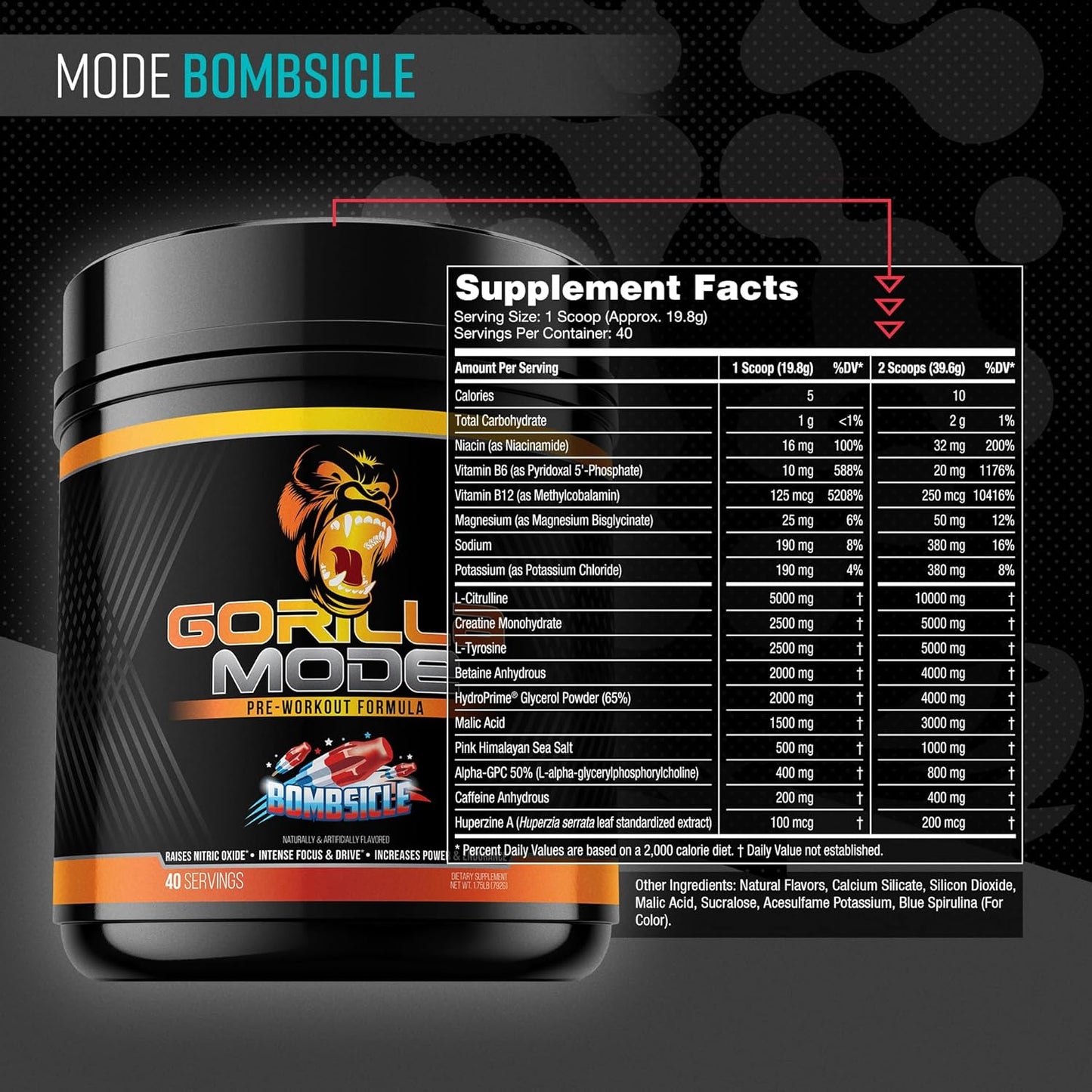 Gorilla Mind Gorilla Mode Pre Workout - Enhanced Focus, Energy, and Power Blend - L-Citrulline, Creatine, L-Tyrosine, Betaine - 620g (Bombsicle)