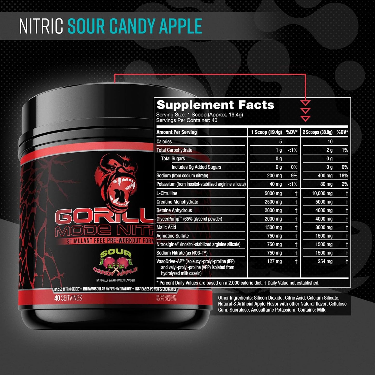 Gorilla Mind Nitric 1.0: Stimulant-Free Pre-Workout for Massive Pumps - Sour Candy Apple Flavor - 776g