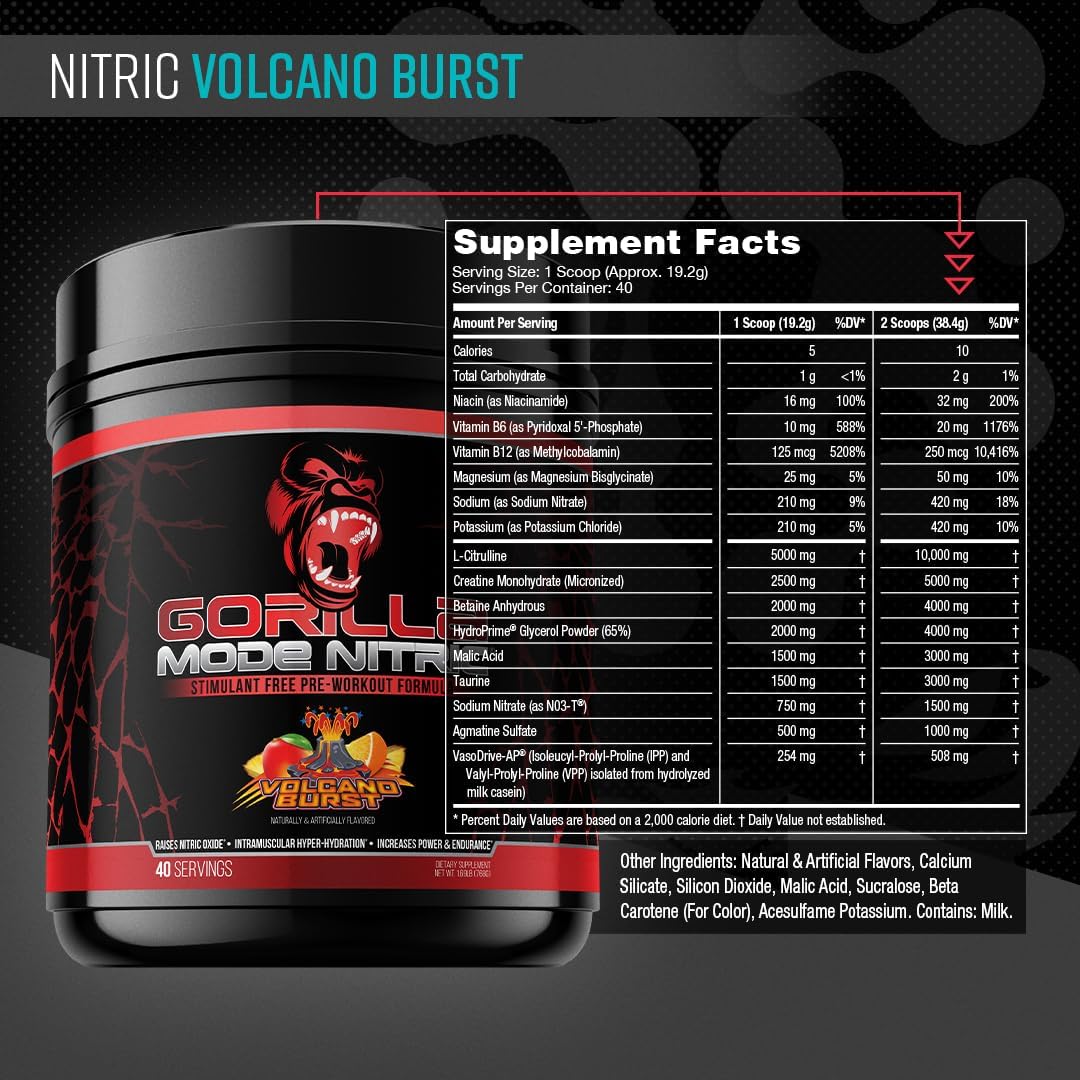 Gorilla Mind Nitric Upgraded Pre-Workout for Massive Pumps and Vasodilation Power - 768g Volcano Burst Flavor