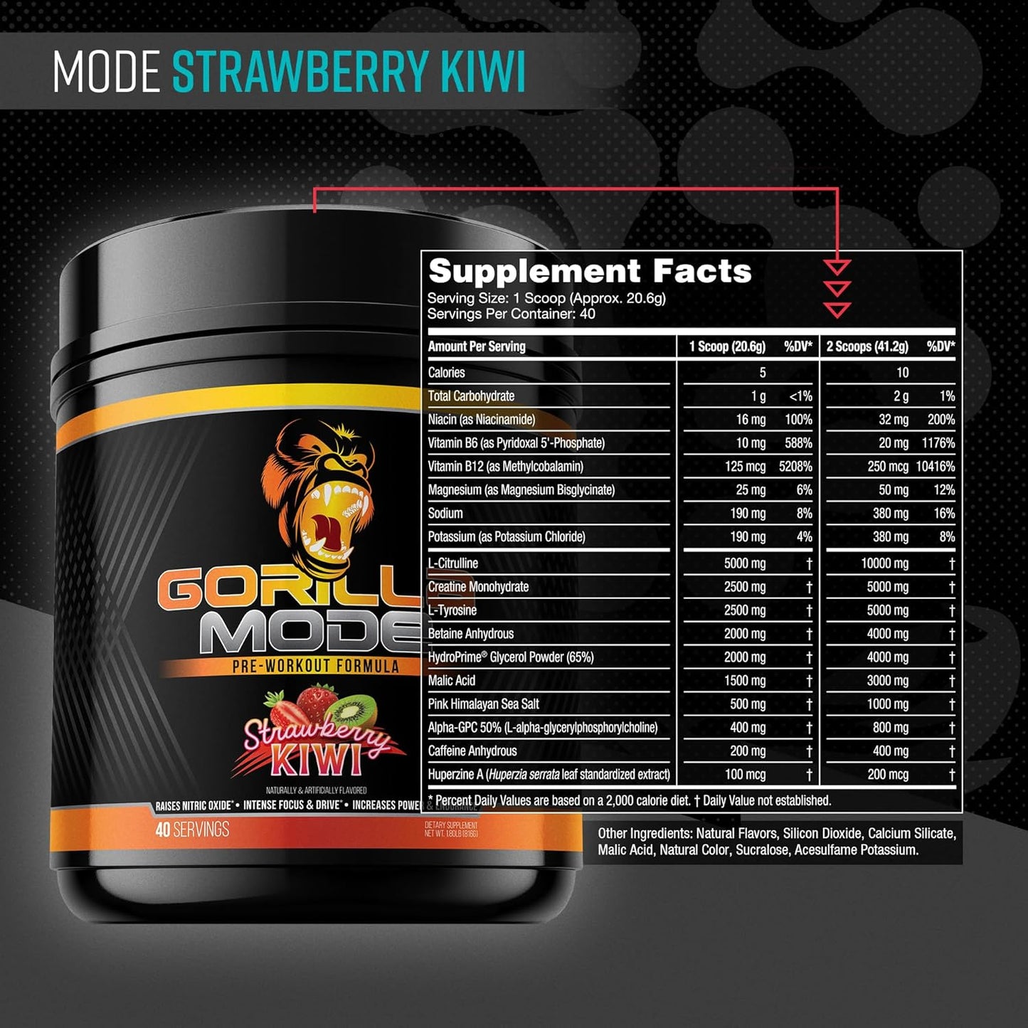 Gorilla Mind Pre Workout Supplement for Energy, Focus, and Muscle Pumps - L-Citrulline, Creatine, L-Tyrosine, Betaine, Alpha-GPC, Caffeine - 816g Strawberry Kiwi Flavor