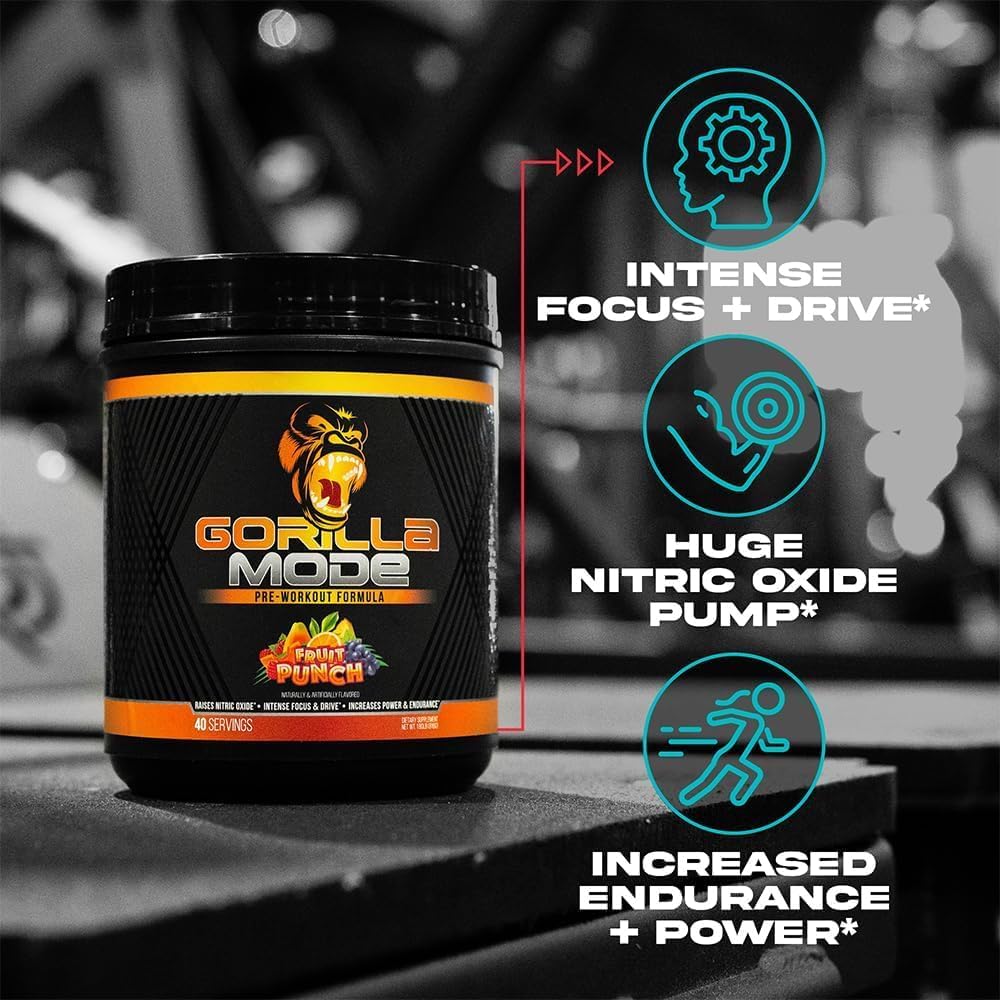 Gorilla Mind Pre Workout Supplement for Energy, Focus, and Muscle Pumps - L-Citrulline, Creatine, L-Tyrosine, Betaine, Alpha-GPC, Caffeine - 816g Strawberry Kiwi Flavor