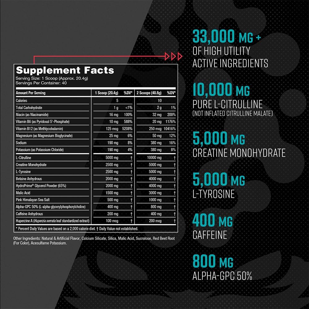 Gorilla Mind Pre Workout Supplement for Energy, Focus, and Muscle Pumps - L-Citrulline, Creatine, L-Tyrosine, Betaine, Alpha-GPC, Caffeine - 816g Strawberry Kiwi Flavor