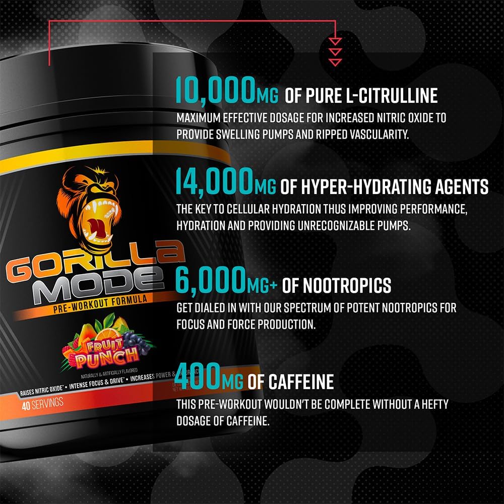 Gorilla Mind Pre Workout Supplement for Enhanced Energy, Focus, and Pump - L-Citrulline, Creatine, L-Tyrosine, Betaine, Alpha-GPC - 800g Watermelon Flavor