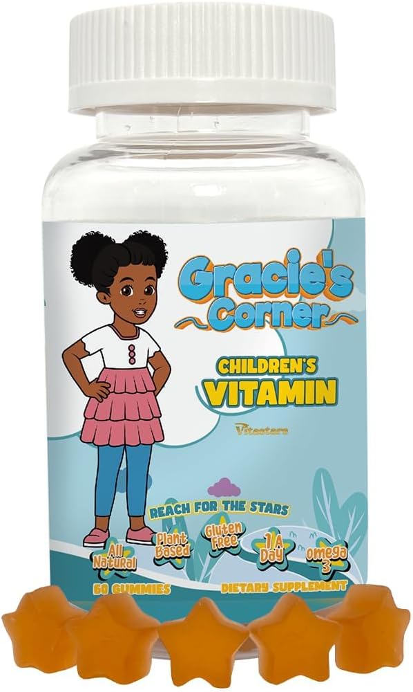 Gracie's Corner Kids Multivitamin Gummies with Omega 3, Vitamins A, B, C, D - 60 Star Shaped Gluten Free Gummies