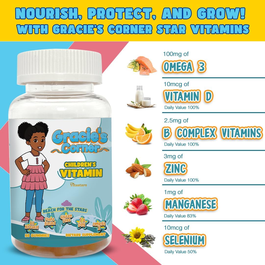 Gracie's Corner Kids Multivitamin Gummies with Omega 3, Vitamins A, B, C, D - 60 Star Shaped Gluten Free Gummies