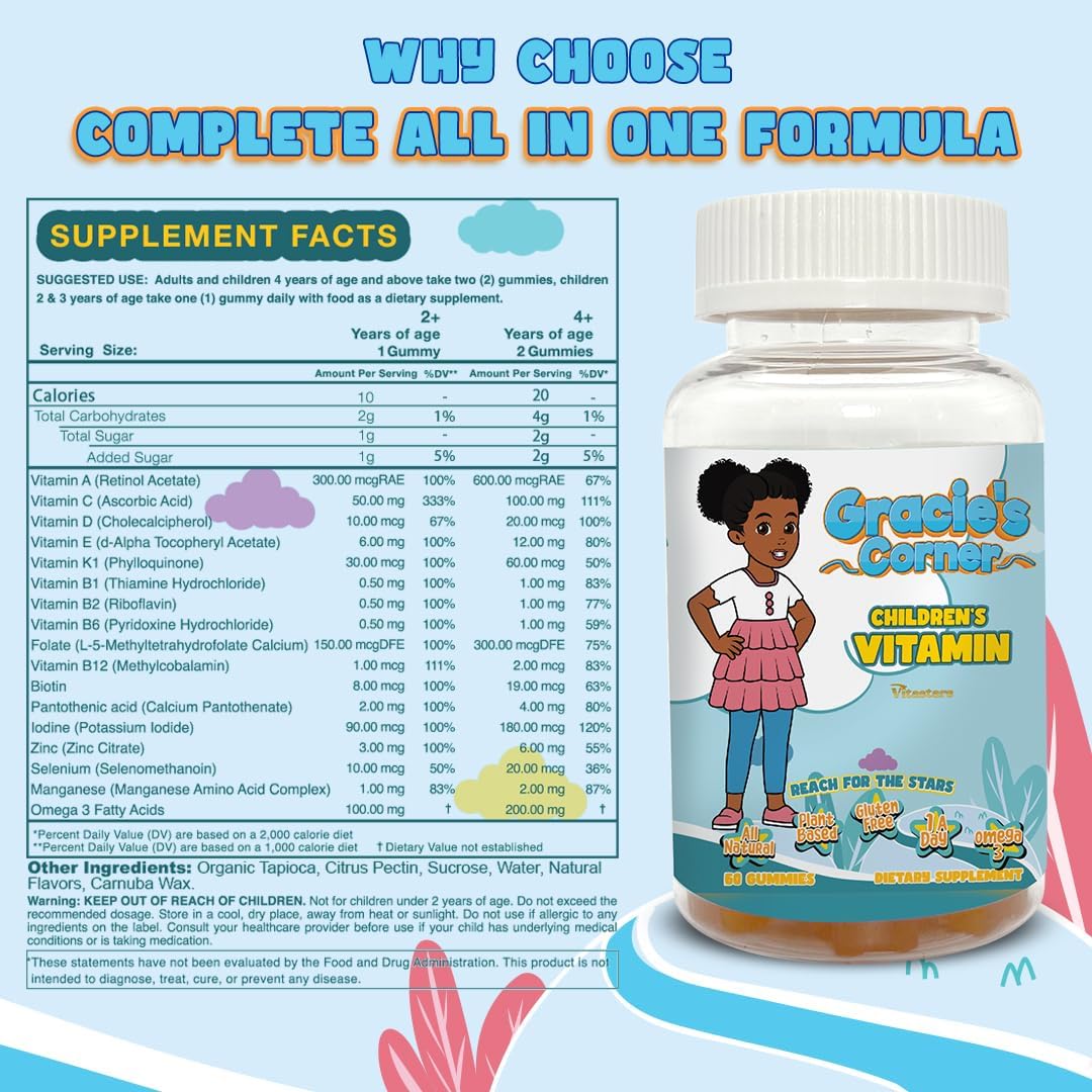 Gracie's Corner Kids Multivitamin Gummies with Omega 3, Vitamins A, B, C, D - 60 Star Shaped Gluten Free Gummies