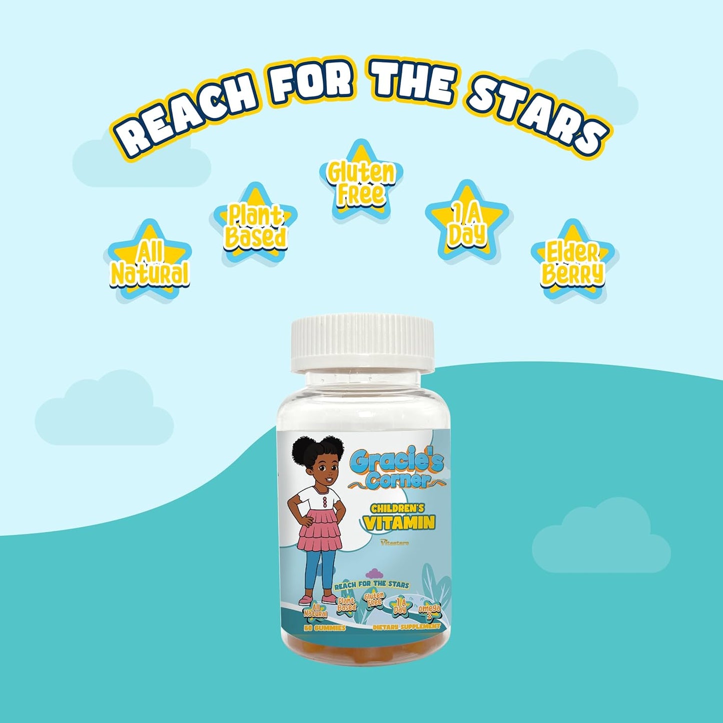 Gracie's Corner Kids Multivitamin Gummies with Omega 3, Vitamins A, B, C, D - 60 Star Shaped Gluten Free Gummies