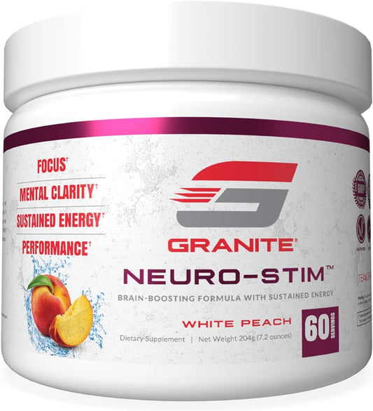 Granite Neuro-Stim Brain Nootropic - White Peach Flavor - 60 Servings - Vegan & Gluten-Free - Mental Focus & Clarity - Energy Support