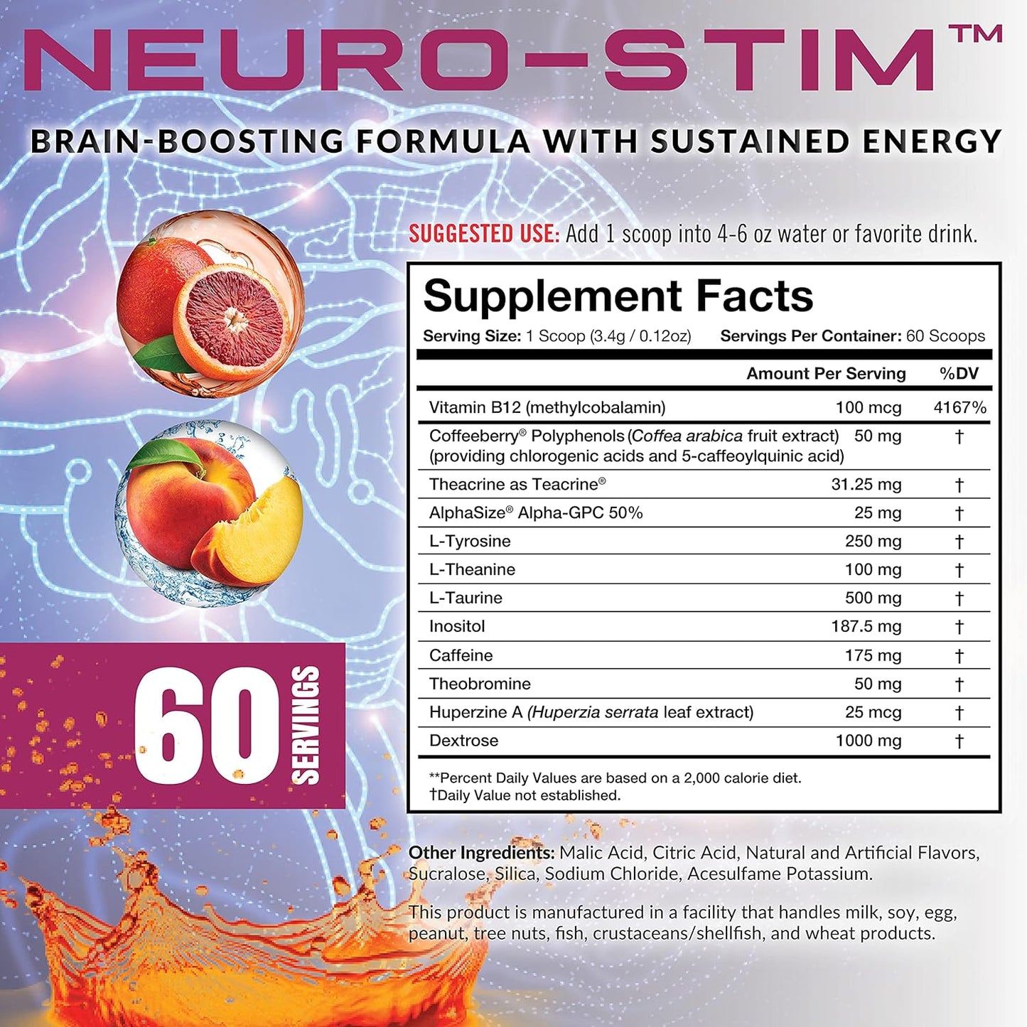 Granite Neuro-Stim Brain Nootropic - White Peach Flavor - 60 Servings - Vegan & Gluten-Free - Mental Focus & Clarity - Energy Support