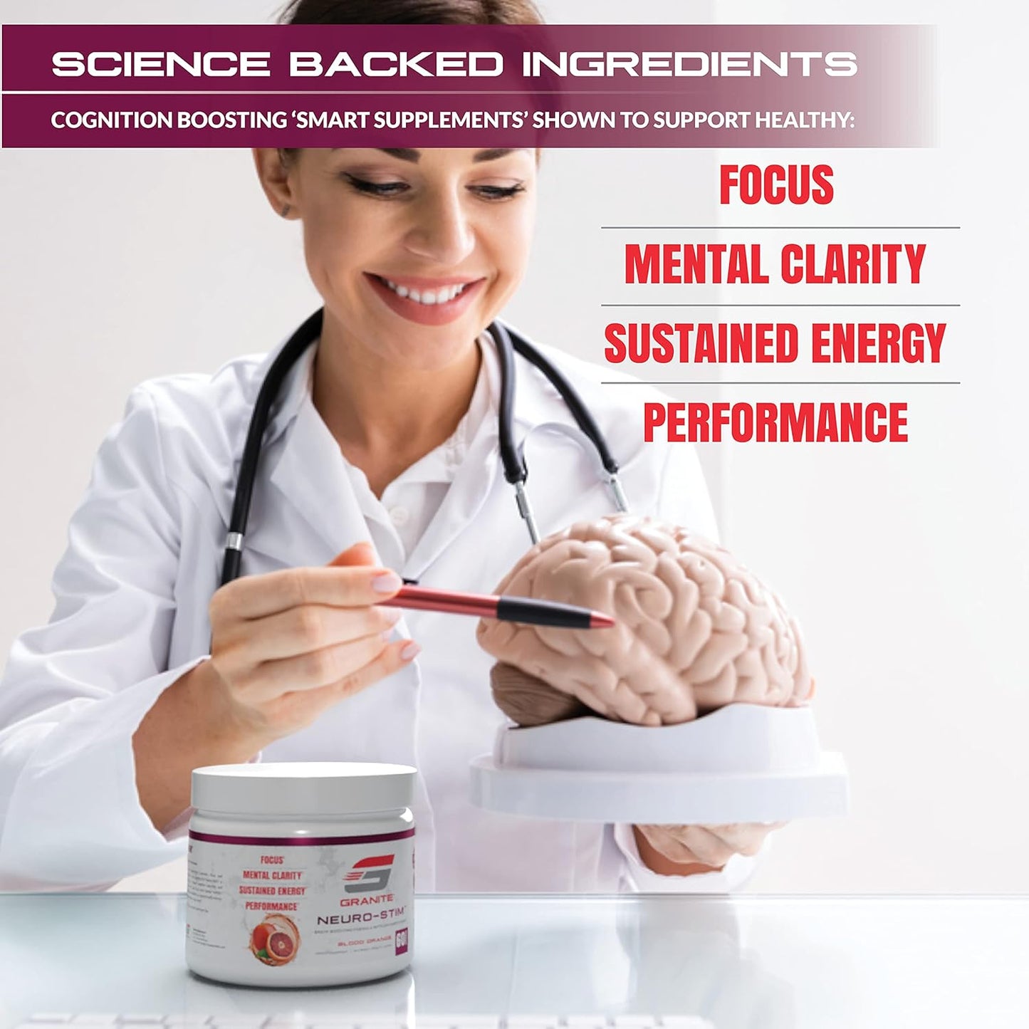 Granite Neuro-Stim Brain Nootropic - White Peach Flavor - 60 Servings - Vegan & Gluten-Free - Mental Focus & Clarity - Energy Support