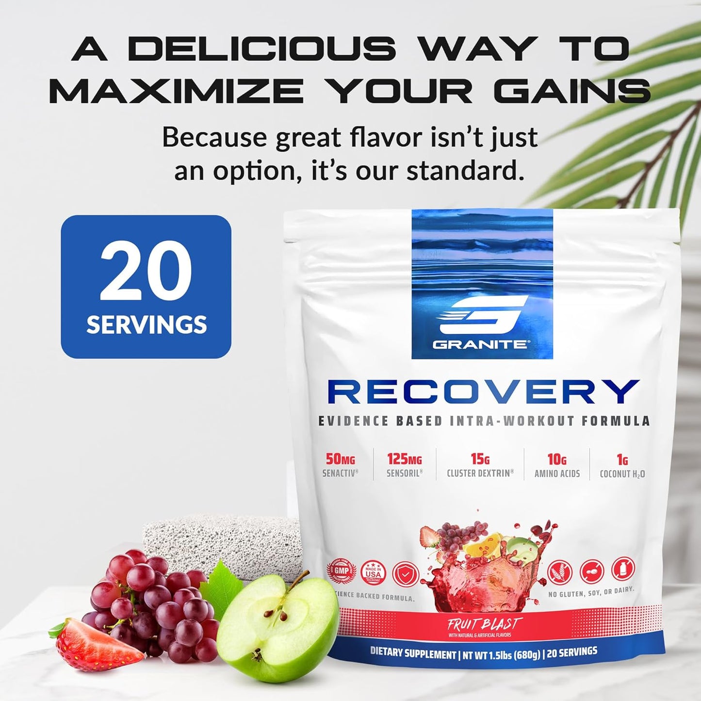 Granite Recovery Intra and Post-Workout Supplement - Fruit Blast Flavor - 10g Aminos, Electrolytes, Cluster Dextrin, Sensoril - Muscle Recovery & Growth - 20 Servings