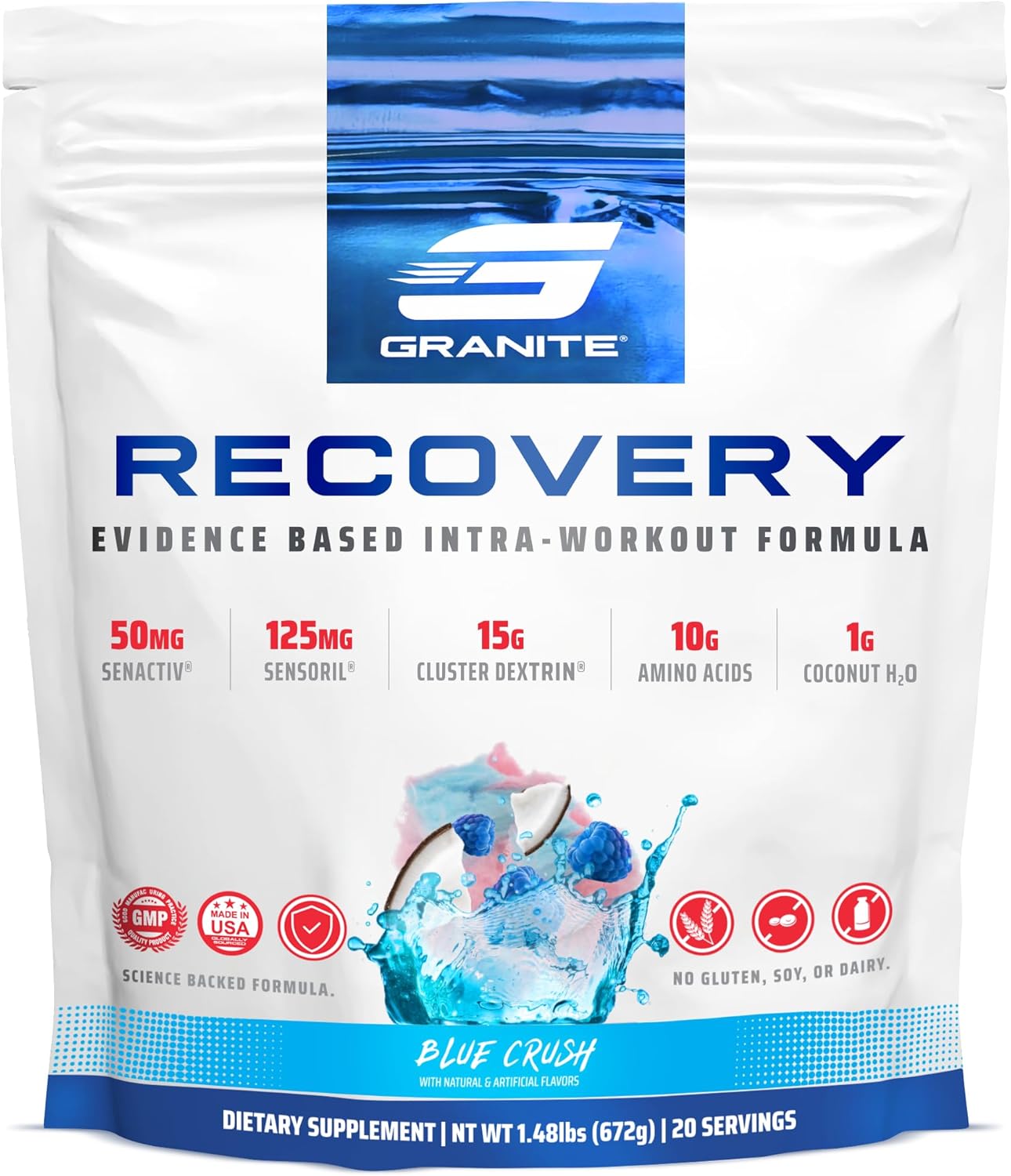 Granite Recovery Intra & Post-Workout Supplement - Blue Crush Flavor - 10g Aminos, Electrolytes, Cluster Dextrin & Sensoril - Muscle Recovery & Growth Support (20 Servings)