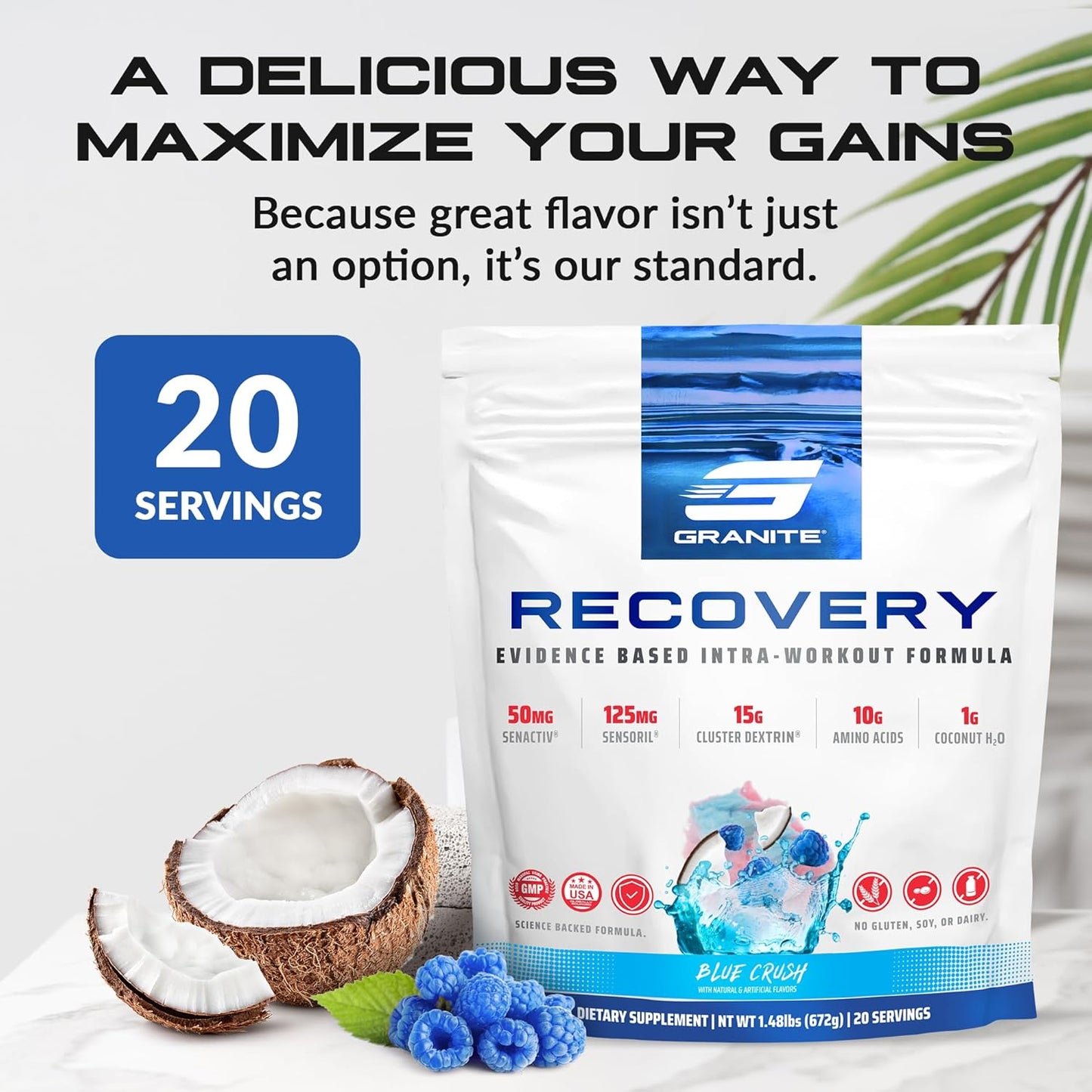 Granite Recovery Intra & Post-Workout Supplement - Blue Crush Flavor - 10g Aminos, Electrolytes, Cluster Dextrin & Sensoril - Muscle Recovery & Growth Support (20 Servings)