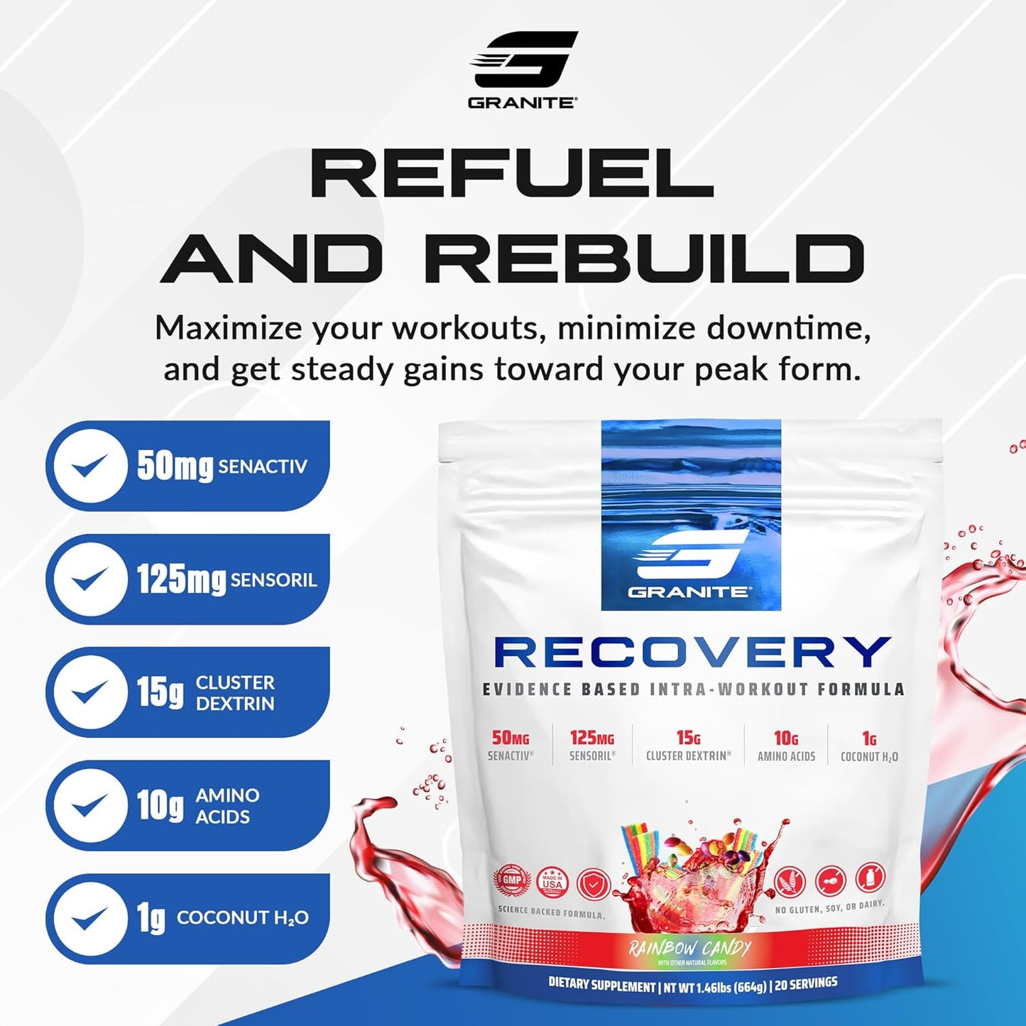 Granite Recovery Rainbow Candy Intra & Post-Workout Supplement - 10g Aminos, Electrolytes, Cluster Dextrin, Sensoril - Muscle Recovery & Growth - 20 Servings