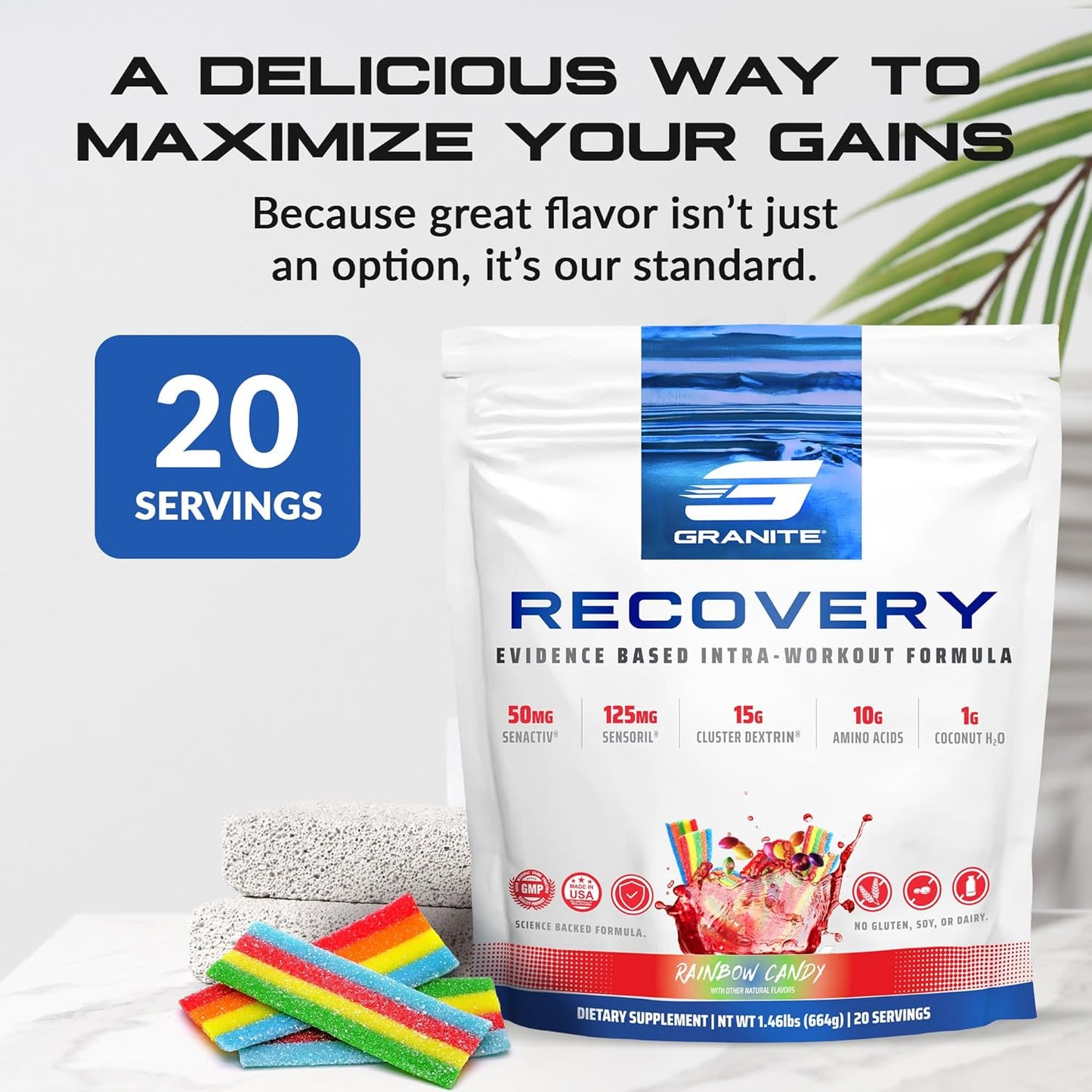 Granite Recovery Rainbow Candy Intra & Post-Workout Supplement - 10g Aminos, Electrolytes, Cluster Dextrin, Sensoril - Muscle Recovery & Growth - 20 Servings
