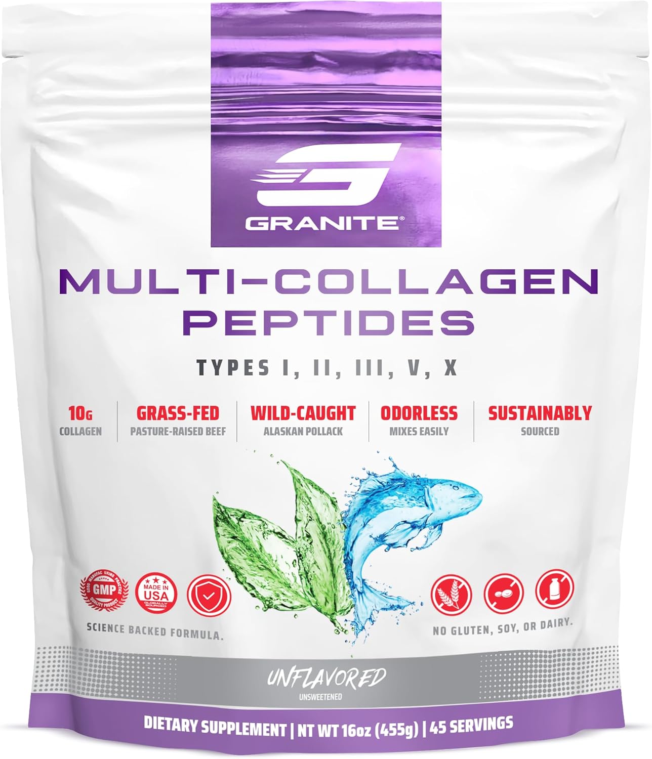 Granite Supplements Collagen Peptides Powder - Hair Skin Nails Vitamins Type I, II, III, V, X Hydrolyzed Collagen Peptides Nail Growth, Bone, Mobility, Joint Support - 16oz