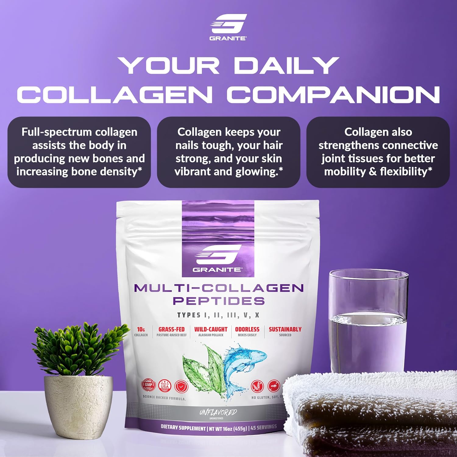 Granite Supplements Collagen Peptides Powder - Hair Skin Nails Vitamins Type I, II, III, V, X Hydrolyzed Collagen Peptides Nail Growth, Bone, Mobility, Joint Support - 16oz