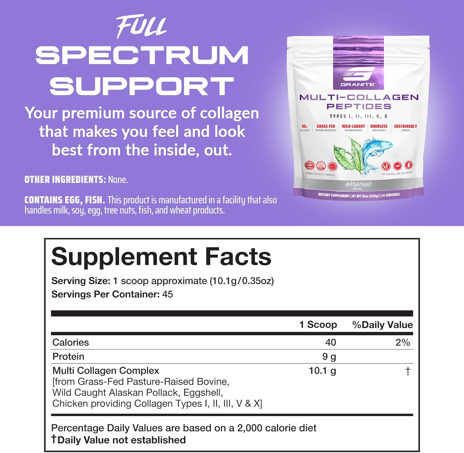 Granite Supplements Collagen Peptides Powder - Hair Skin Nails Vitamins Type I, II, III, V, X Hydrolyzed Collagen Peptides Nail Growth, Bone, Mobility, Joint Support - 16oz