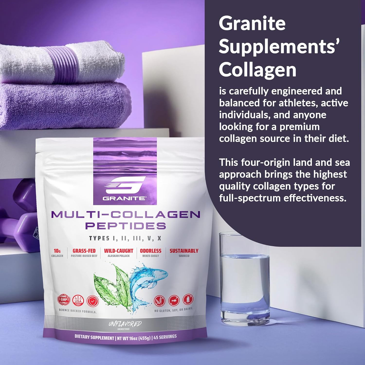 Granite Supplements Collagen Peptides Powder - Hair Skin Nails Vitamins Type I, II, III, V, X Hydrolyzed Collagen Peptides Nail Growth, Bone, Mobility, Joint Support - 16oz