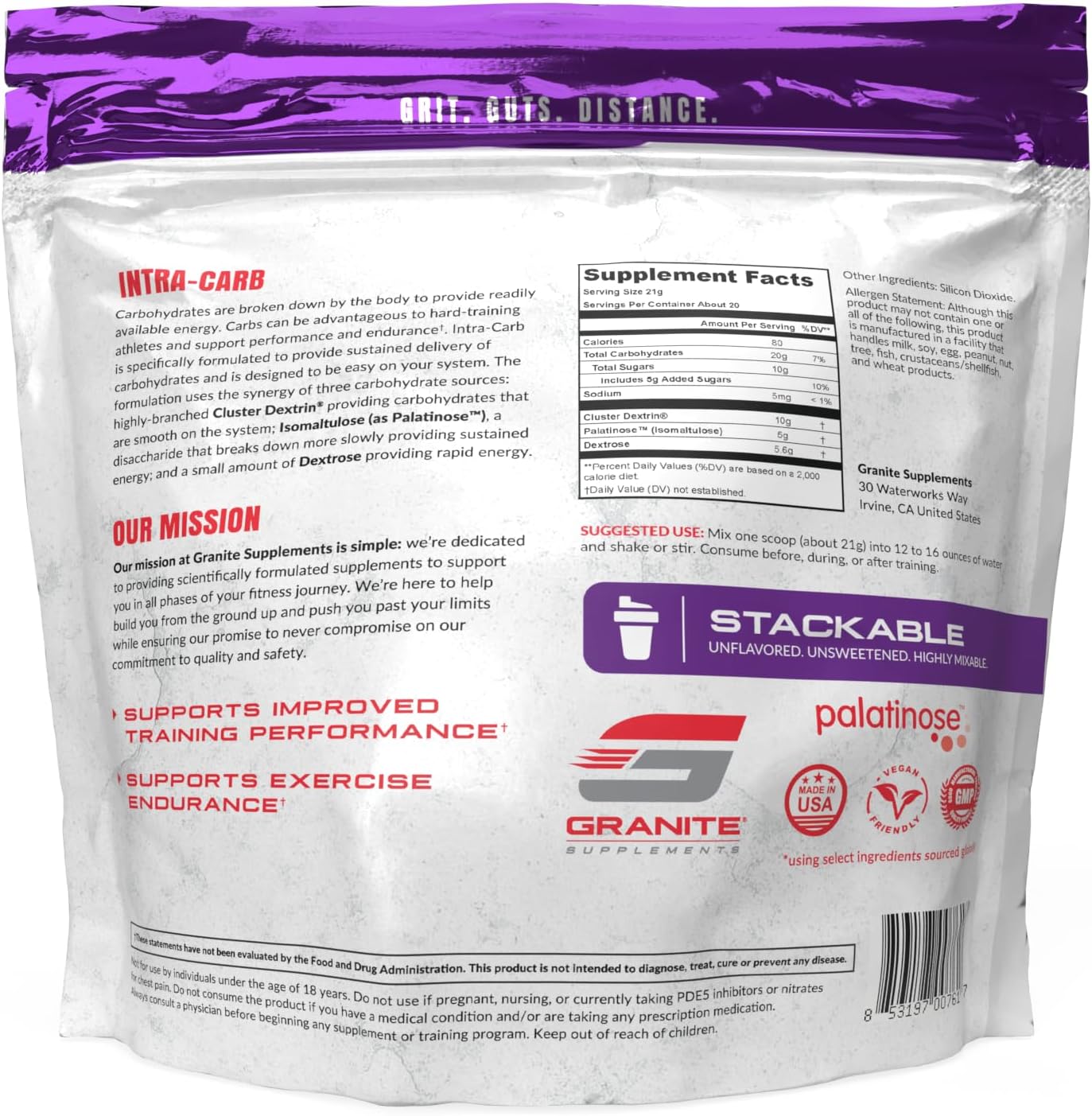 Granite Supplements Intra Carb Powder - Unflavored High-Performance Carb Blend with Cluster Dextrin, Palatinose, & Dextrose - Energy & Training Support - 20 Servings