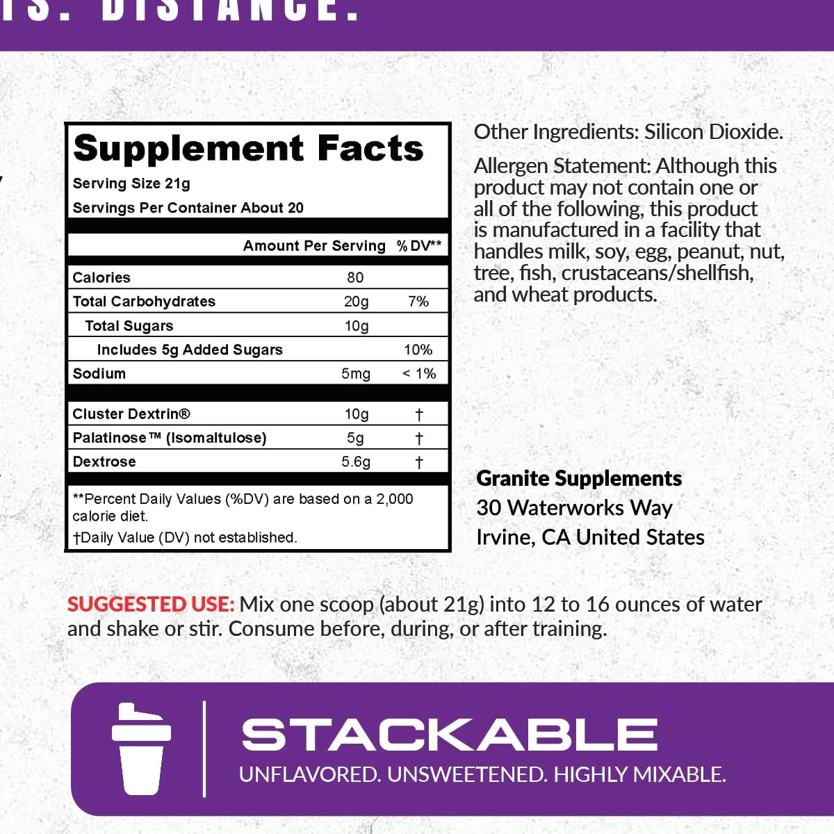 Granite Supplements Intra Carb Powder - Unflavored High-Performance Carb Blend with Cluster Dextrin, Palatinose, & Dextrose - Energy & Training Support - 20 Servings