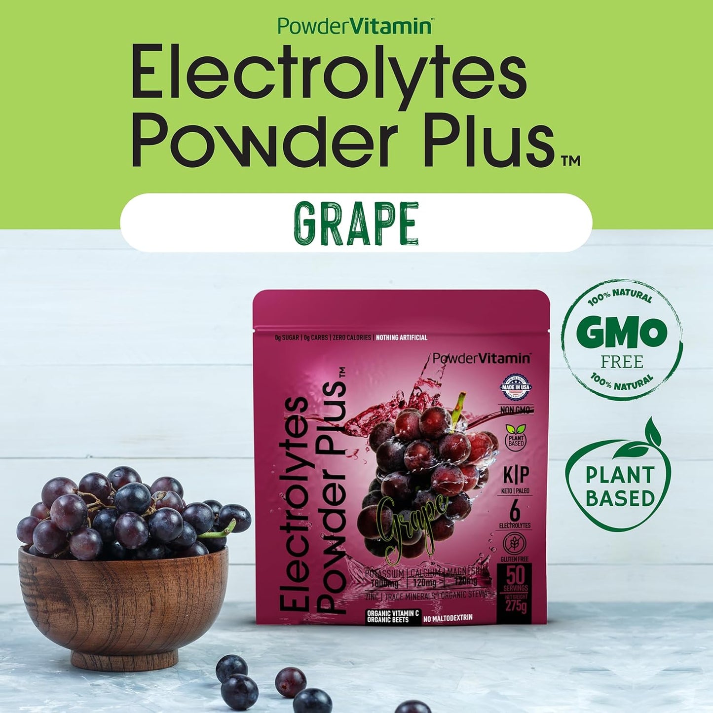Grape Electrolyte Powder with 1000mg Potassium - Zero Calorie Keto Hydration Powder (50 Servings)
