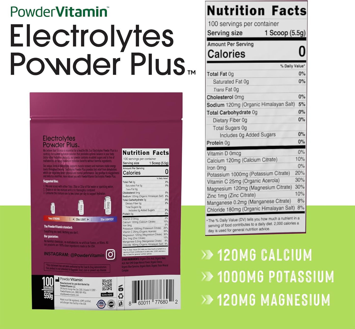 Grape Electrolyte Powder with Vitamins (100 Servings) - Zero Calorie Keto Hydration Powder, 1000mg Potassium, 120mg Calcium, 120mg Magnesium - No Sugar/Maltodextrin