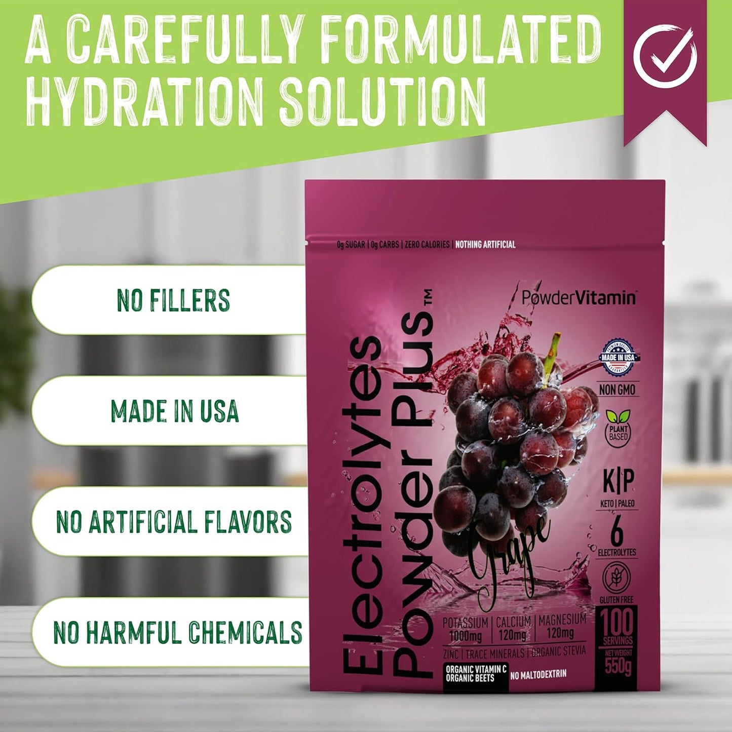 Grape Electrolyte Powder with Vitamins (100 Servings) - Zero Calorie Keto Hydration Powder, 1000mg Potassium, 120mg Calcium, 120mg Magnesium - No Sugar/Maltodextrin