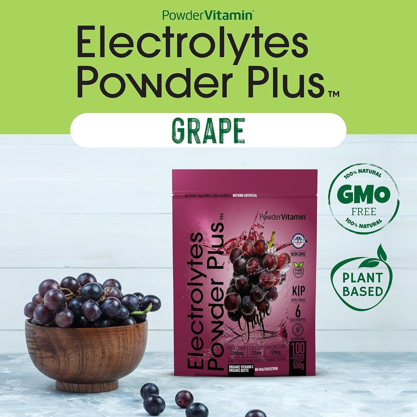 Grape Electrolyte Powder with Vitamins (100 Servings) - Zero Calorie Keto Hydration Powder, 1000mg Potassium, 120mg Calcium, 120mg Magnesium - No Sugar/Maltodextrin