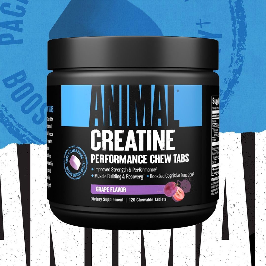 Grape Flavored Animal Creatine Chews Tablets - Boosted Creatine Monohydrate with AstraGin for Better Absorption, Sea Salt for Pump Enhancement - Chewable and Tasty Tablets