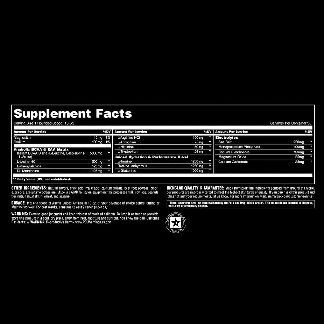 Grape Flavored Animal Juiced Amino Acids BCAA Powder with Electrolytes and Sea Salt for Recovery and Performance - 30 Servings