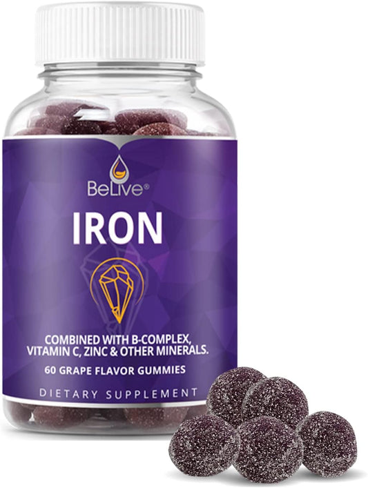 Grape Flavored BeLive Iron Gummies - Vegan Multivitamin with Iron, Vitamins & Zinc for Blood Oxygen - Supplement for Women, Men & Kids