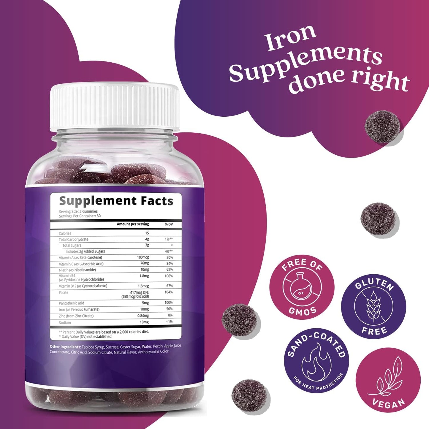 Grape Flavored BeLive Iron Gummies - Vegan Multivitamin with Iron, Vitamins & Zinc for Blood Oxygen - Supplement for Women, Men & Kids