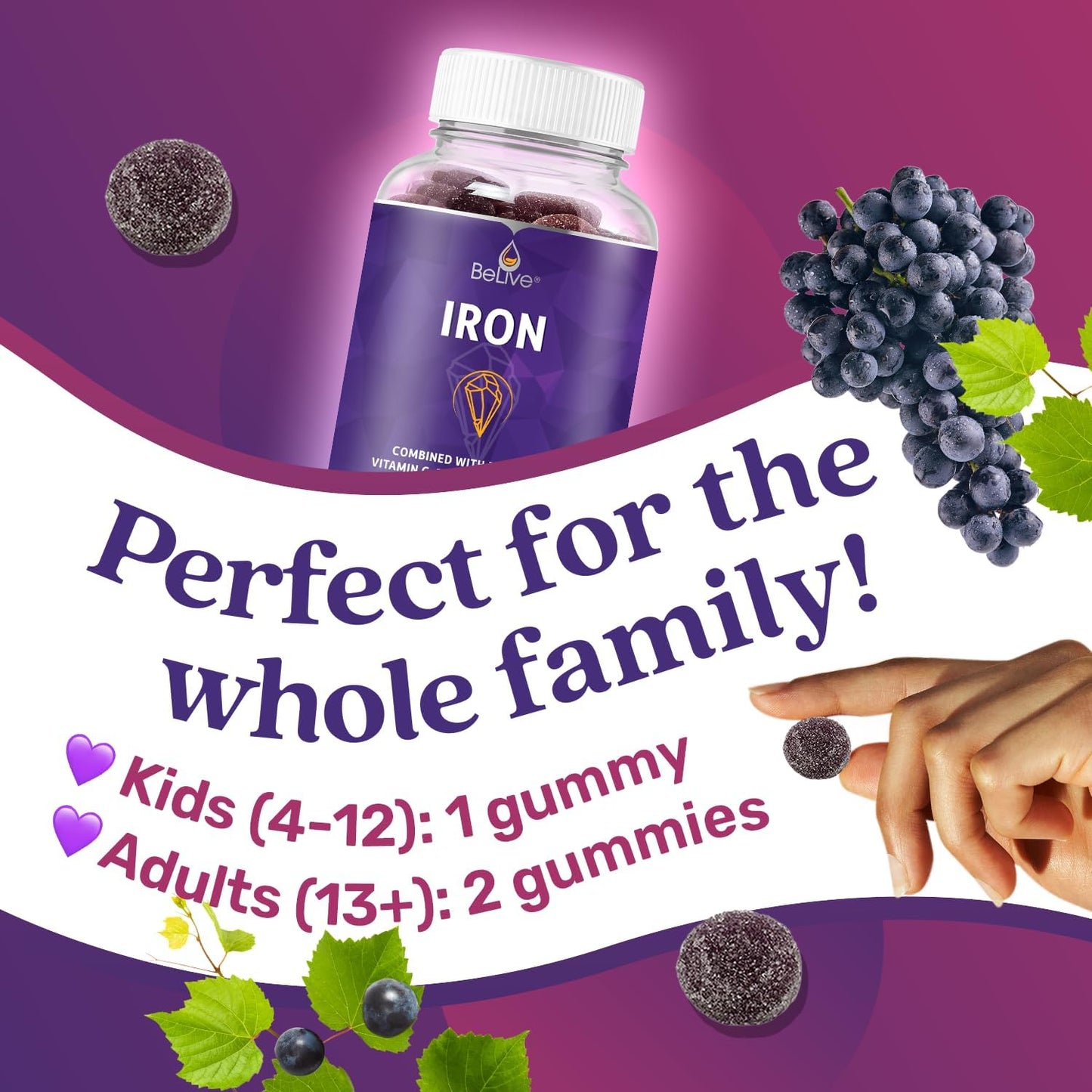 Grape Flavored BeLive Iron Gummies - Vegan Multivitamin with Iron, Vitamins & Zinc for Blood Oxygen - Supplement for Women, Men & Kids