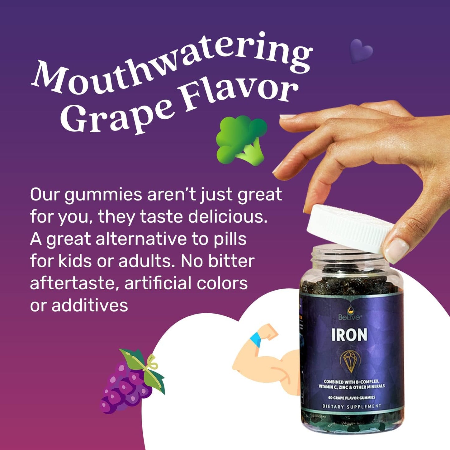 Grape Flavored BeLive Iron Gummies - Vegan Multivitamin with Iron, Vitamins & Zinc for Blood Oxygen - Supplement for Women, Men & Kids