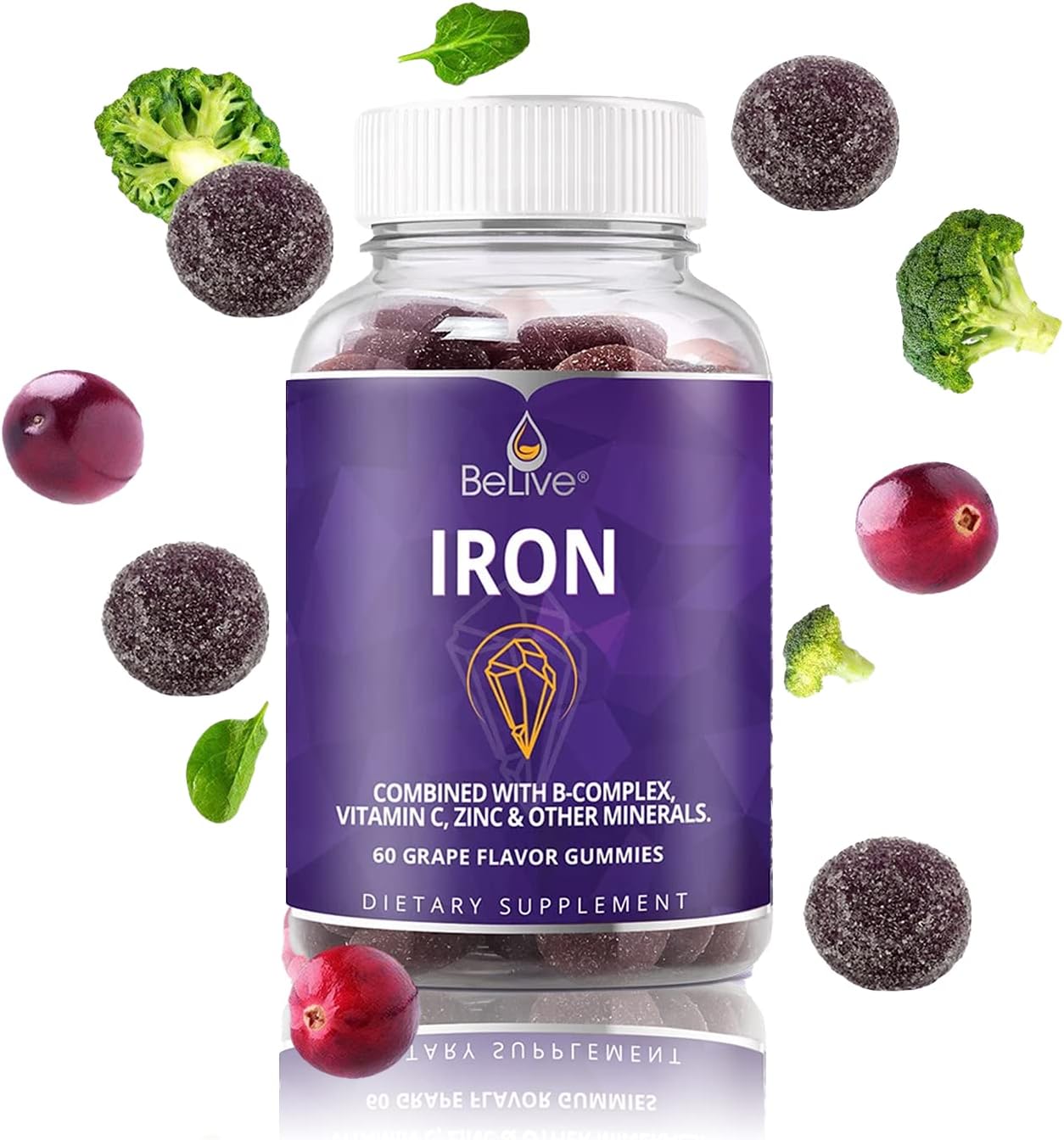 Grape Flavored BeLive Iron Gummies - Vegan Multivitamin with Iron, Vitamins & Zinc for Blood Oxygen - Supplement for Women, Men & Kids