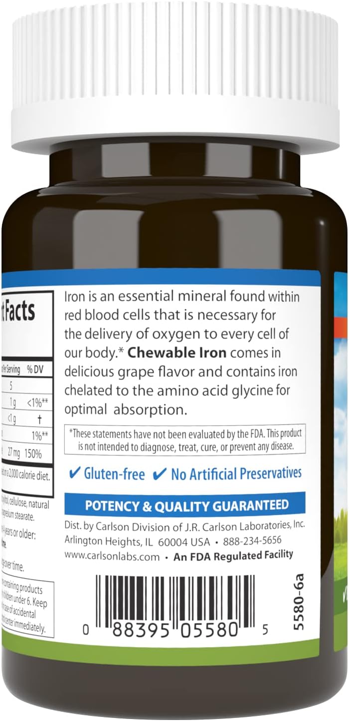 Grape Flavored Carlson Chewable Iron Tablets, 27 mg, Supports Blood Health - 30 Count