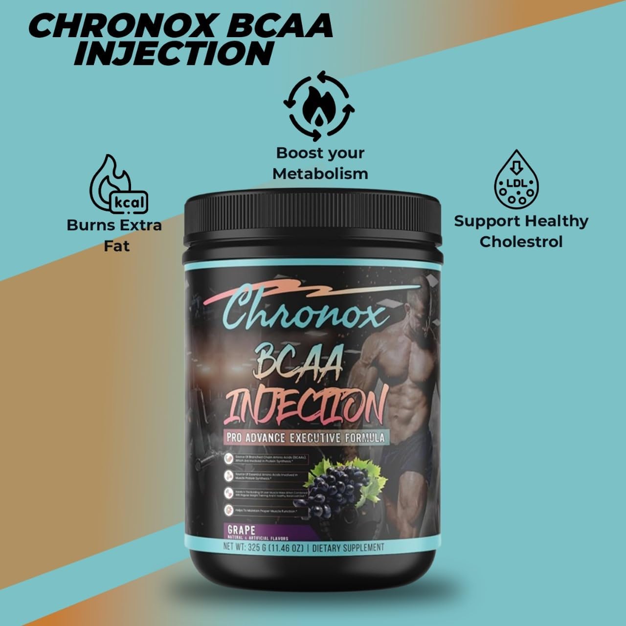 Grape Flavored Chronox BCAA Amino-Acids Powder for Pre & Post Workout - Sugar & Stimulant-Free Protein Supplement (11.46 Oz)